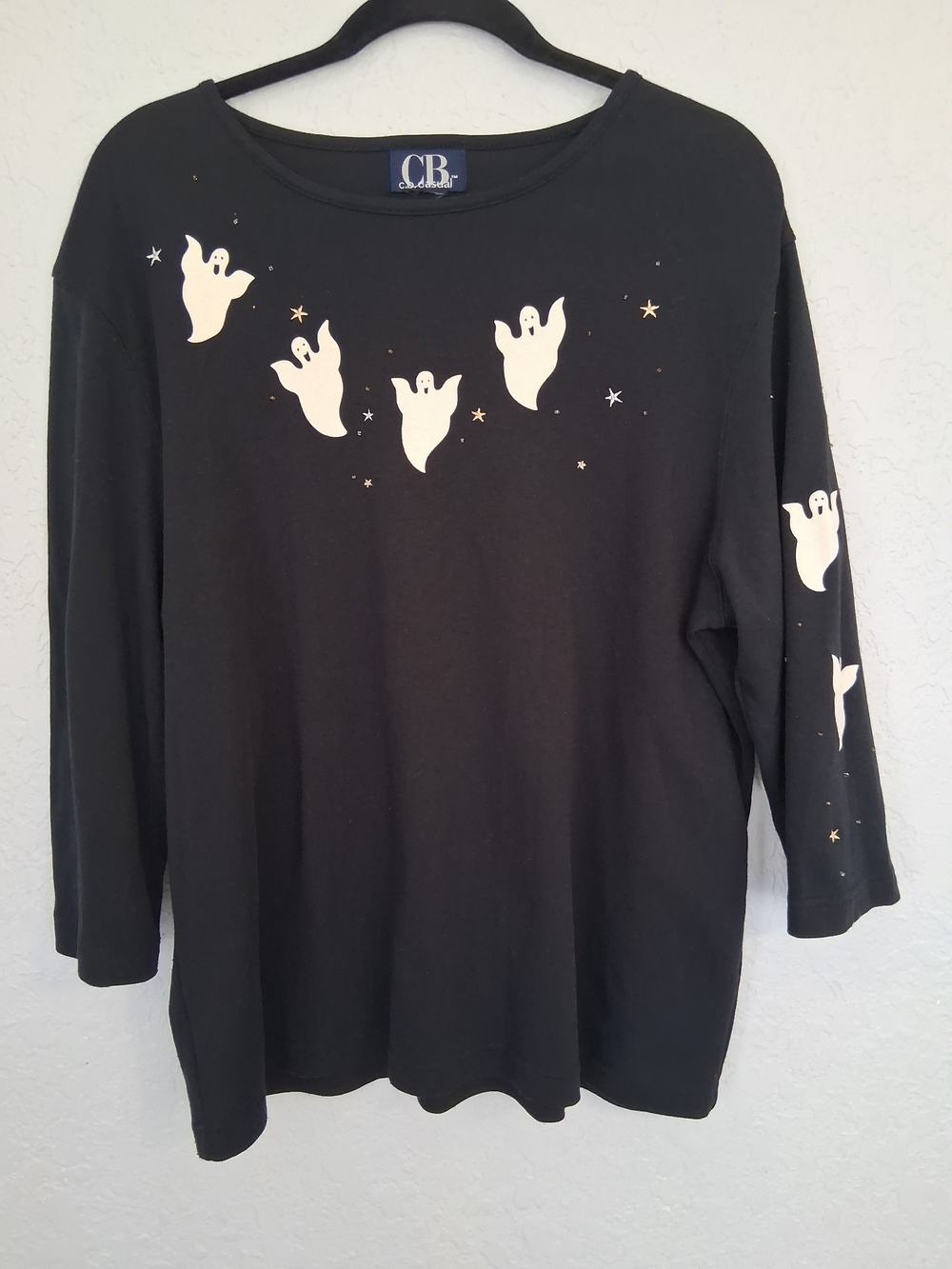 Vintage C.B. Casual Halloween Shirt Black Ghost Stars Sleeve Graphic Top Spooky
